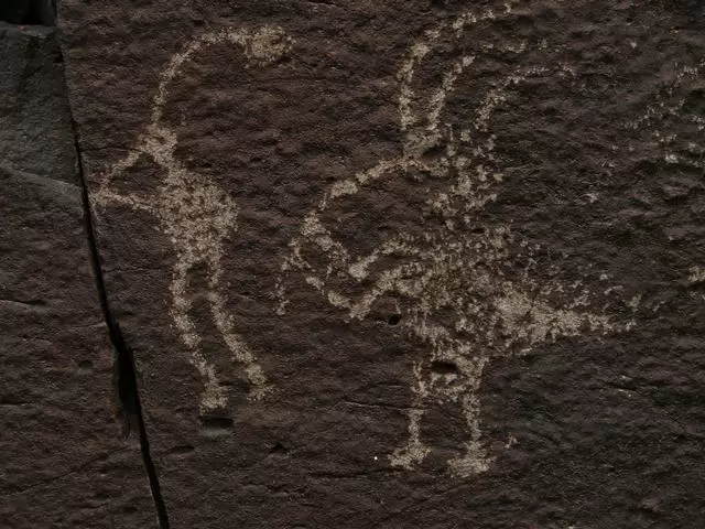 Petroglyph carvings of animal figures etched into dark rock surface; ancient, textured mood