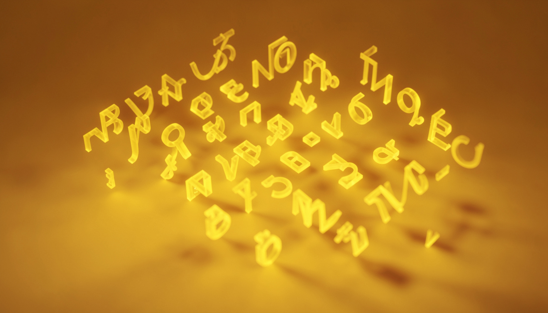 Isometric 3D render of floating translucent letters and glyphs from multiple writing systems suspended in a warm amber-lit space, with soft shadows and a contemplative atmosphere